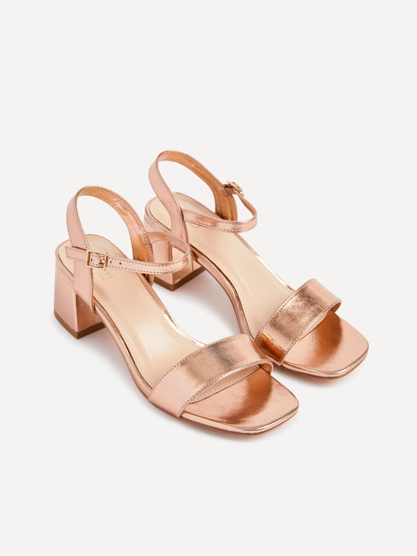 Linzi Rose Gold Faux Leather Low Chunky Block Heeled Sandal