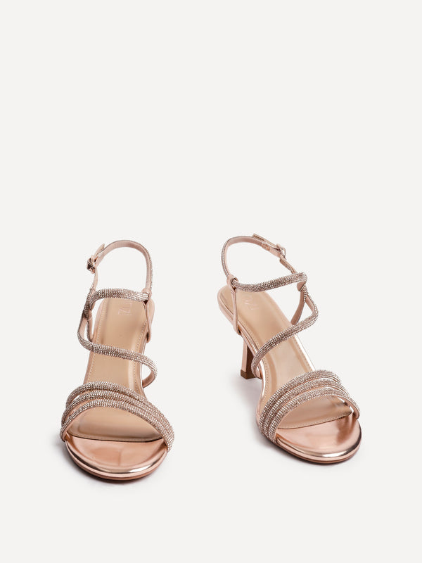 Linzi Rose Gold Faux Leather Strappy Diamante Heeled Sandal