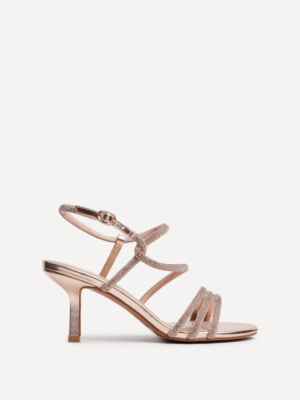 linzi Rose Gold Faux Leather Strappy Diamante Heeled Sandal
