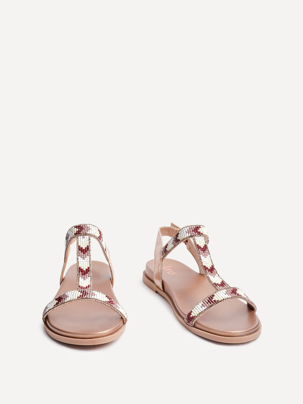 Linzi Rose Gold Faux Leather T-Bar Embellished Flat Sandals