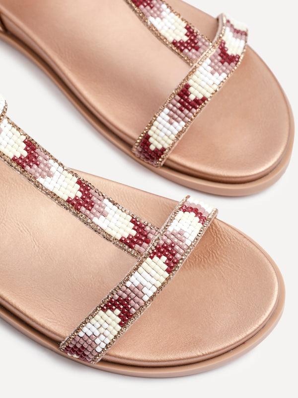 Linzi Rose Gold Faux Leather T-Bar Embellished Flat Sandals