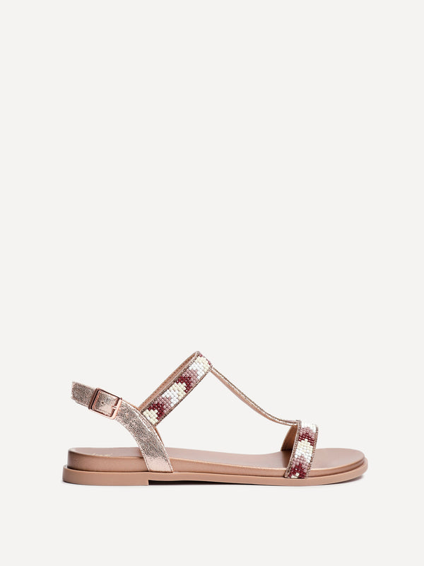 Linzi Rose Gold Faux Leather T-Bar Embellished Flat Sandals
