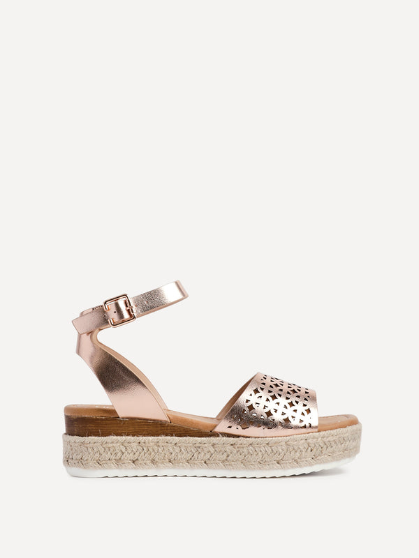 Linzi Rose Gold Flatform Sandals With Laser Cut Detail