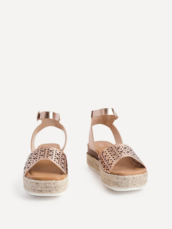 Linzi Rose Gold Flatform Sandals With Laser Cut Detail