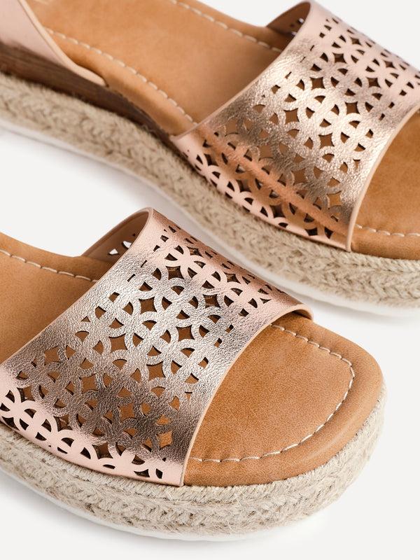 Linzi Rose Gold Flatform Sandals With Laser Cut Detail