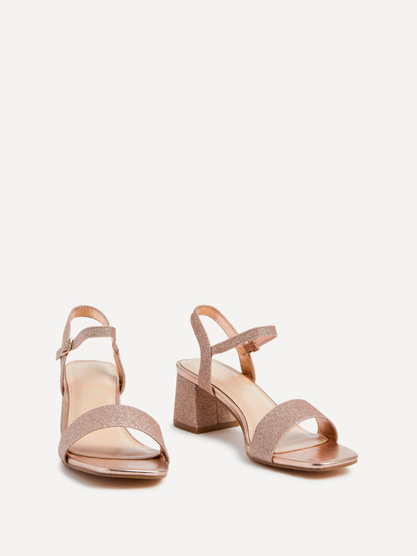 Linzi Rose Gold Glitter Low Chunky Block Heeled Sandal