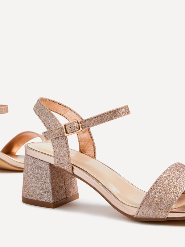 Linzi Rose Gold Glitter Low Chunky Block Heeled Sandal