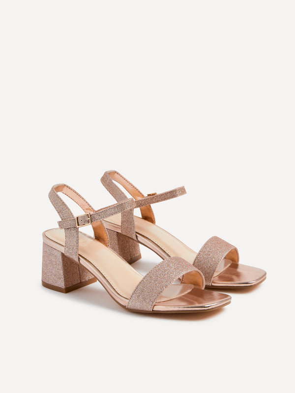 Linzi Rose Gold Glitter Low Chunky Block Heeled Sandal