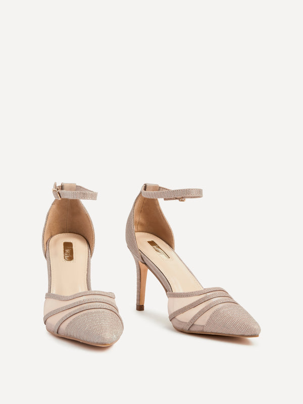 Linzi Rose Gold Glitter Mesh Court Heel With Ankle Strap