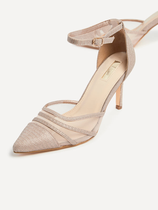 Linzi Rose Gold Glitter Mesh Court Heel With Ankle Strap