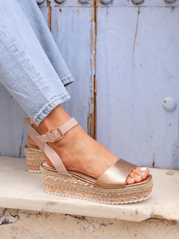 linzi Rose Gold & Nude Square Toe And Studded Espadrille Flatform