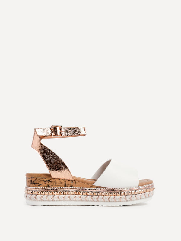 Linzi Rose Gold & White Faux Leather Embellished Flatform Sandals