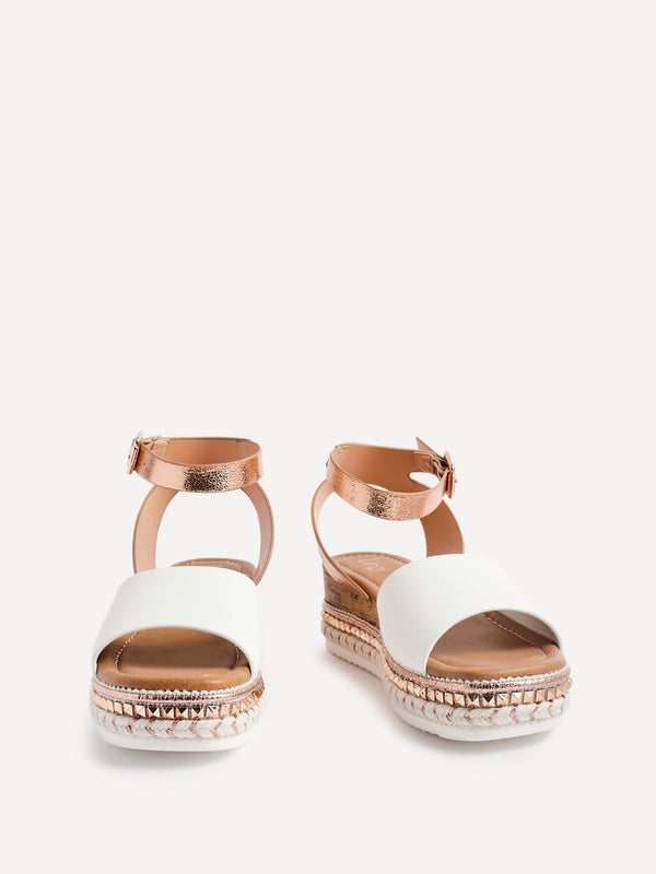Linzi Rose Gold & White Faux Leather Embellished Flatform Sandals