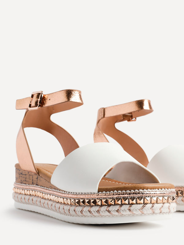 Linzi Rose Gold & White Faux Leather Embellished Flatform Sandals