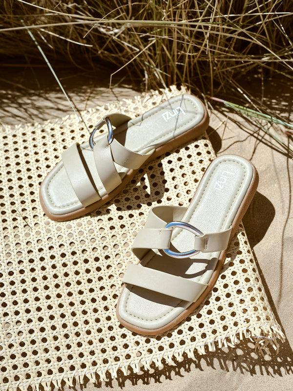 linzi Sage Green Faux Leather Double Strap Sandal With Buckle Detail