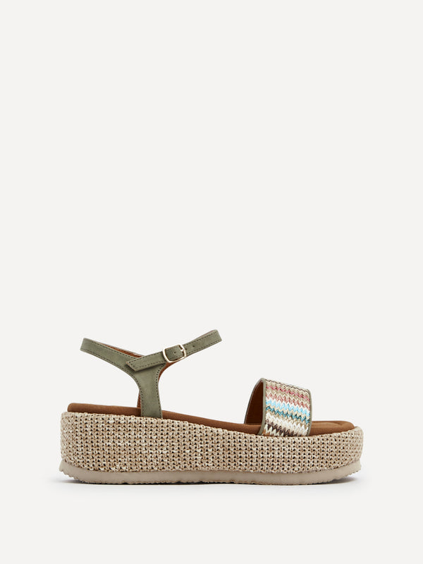 Linzi Sage Green Faux Nubuck Multicoloured Front Strap Raffia Flatform Sandal