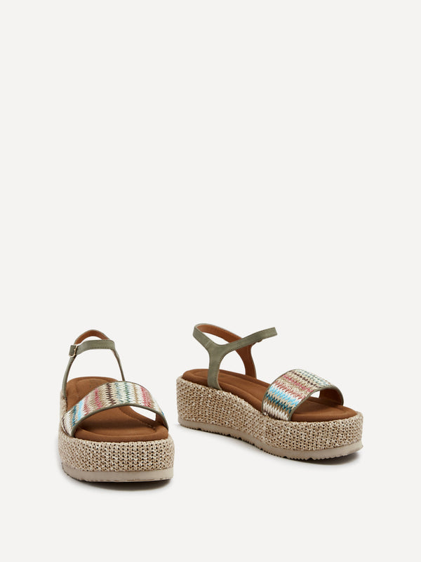 Linzi Sage Green Faux Nubuck Multicoloured Front Strap Raffia Flatform Sandal