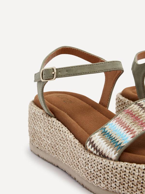 Linzi Sage Green Faux Nubuck Multicoloured Front Strap Raffia Flatform Sandal