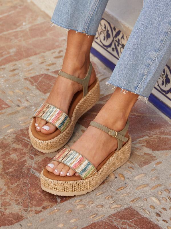 linzi Sage Green Faux Nubuck Multicoloured Front Strap Raffia Flatform Sandal
