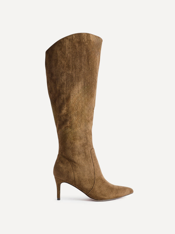 Linzi Sand Faux Suede Assymetric High Leg Stiletto Boot