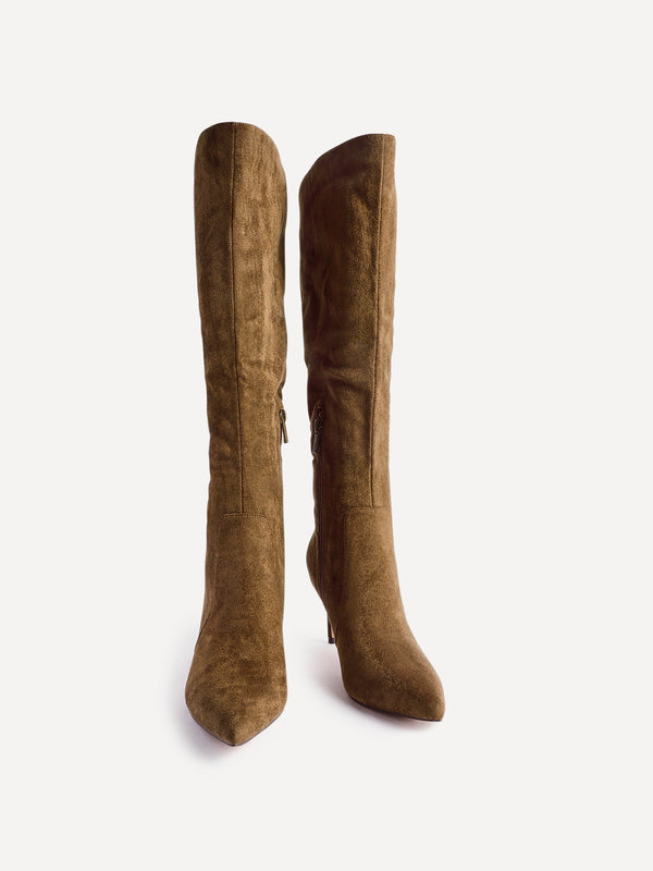 Linzi Sand Faux Suede Assymetric High Leg Stiletto Boot