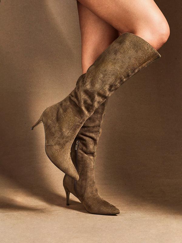 linzi Sand Faux Suede Assymetric High Leg Stiletto Boot
