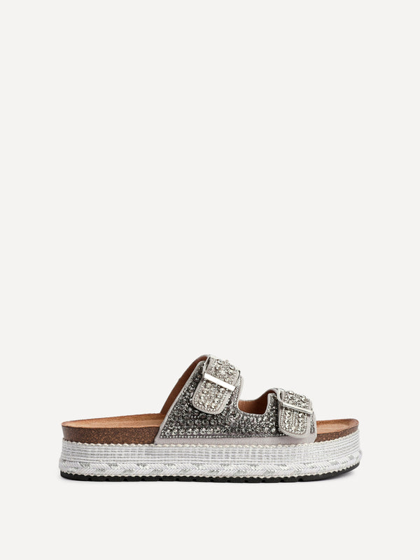 Linzi Silver Diamante Double Buckle Flatform Slider Sandal