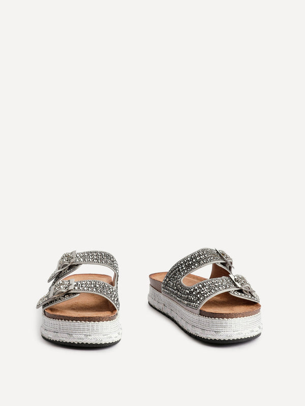 Linzi Silver Diamante Double Buckle Flatform Slider Sandal