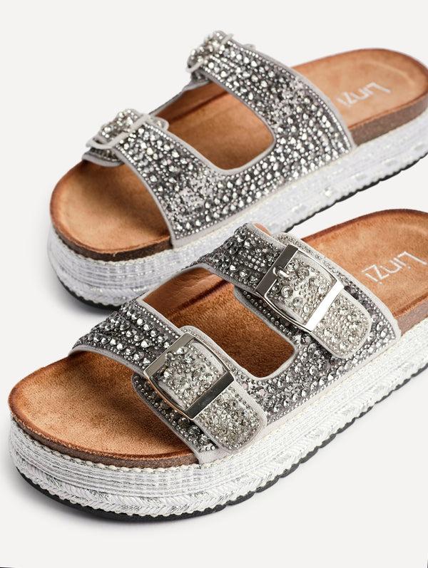 Linzi Silver Diamante Double Buckle Flatform Slider Sandal