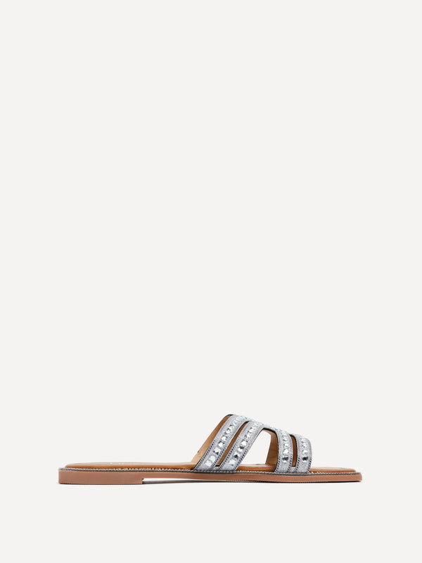 Linzi Silver Diamante Embellished Flat Slider Sandals