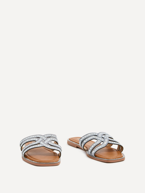 Linzi Silver Diamante Embellished Flat Slider Sandals