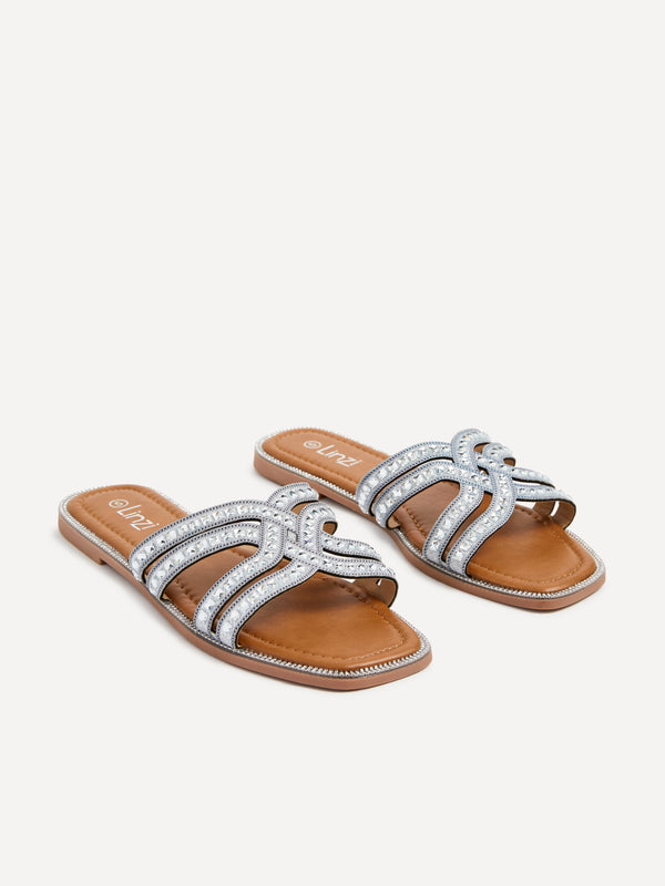 Linzi Silver Diamante Embellished Flat Slider Sandals
