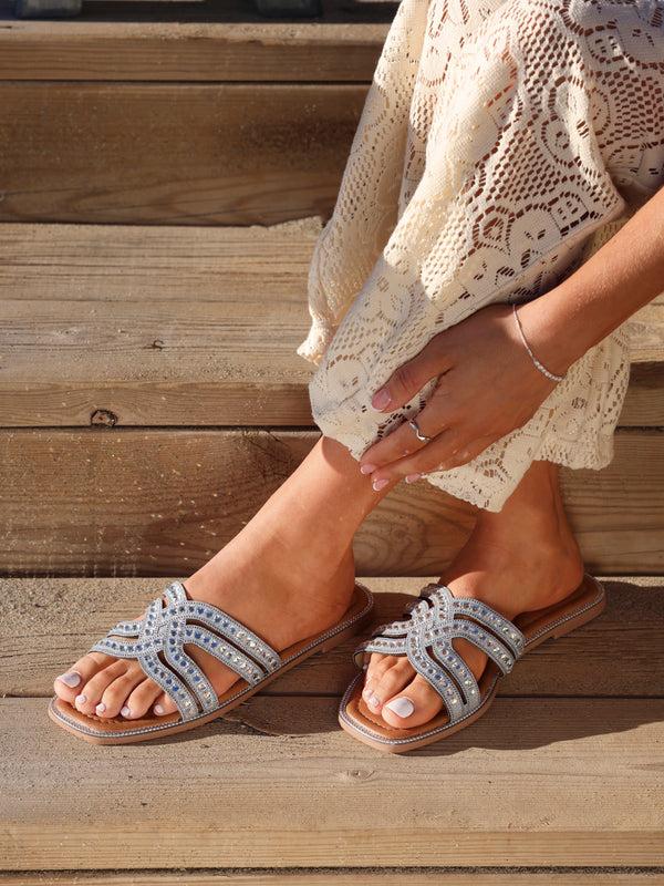 linzi Silver Diamante Embellished Flat Slider Sandals