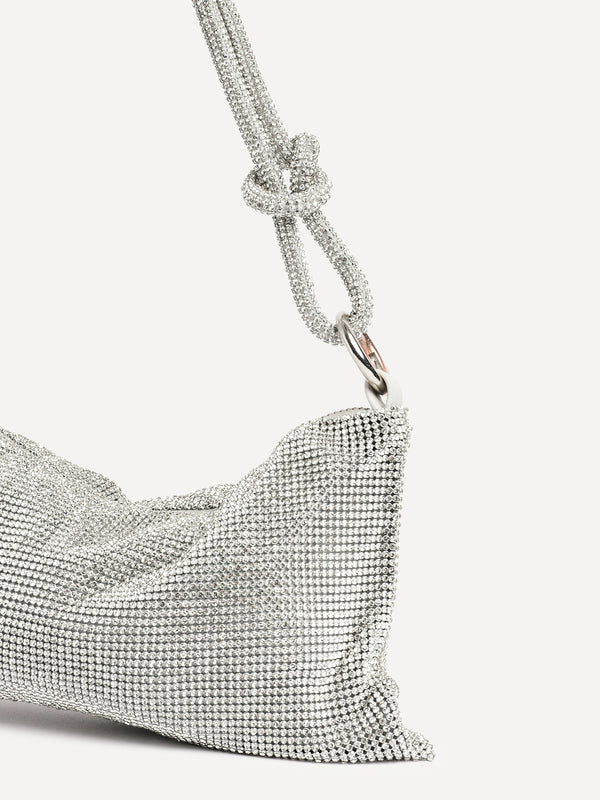 Linzi Silver Diamante Slouch Knotted Handle Shoulder Bag