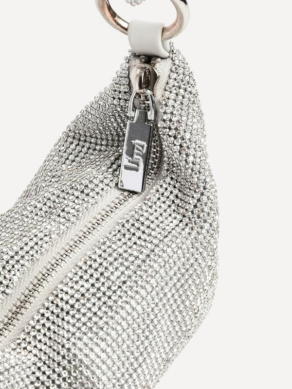 Linzi Silver Diamante Slouch Knotted Handle Shoulder Bag