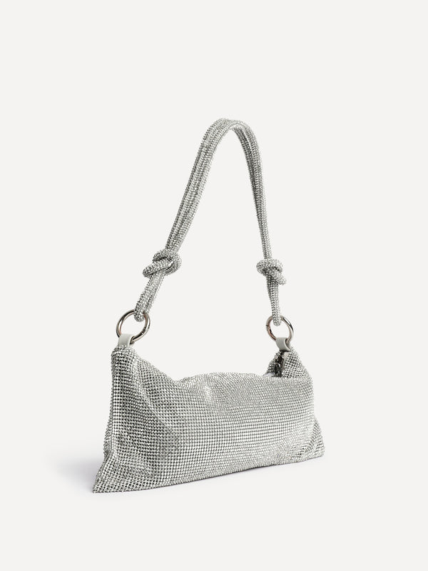 linzi Silver Diamante Slouch Knotted Handle Shoulder Bag