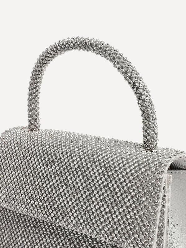 Linzi Silver Embellished Clutch Bag With Top Handle