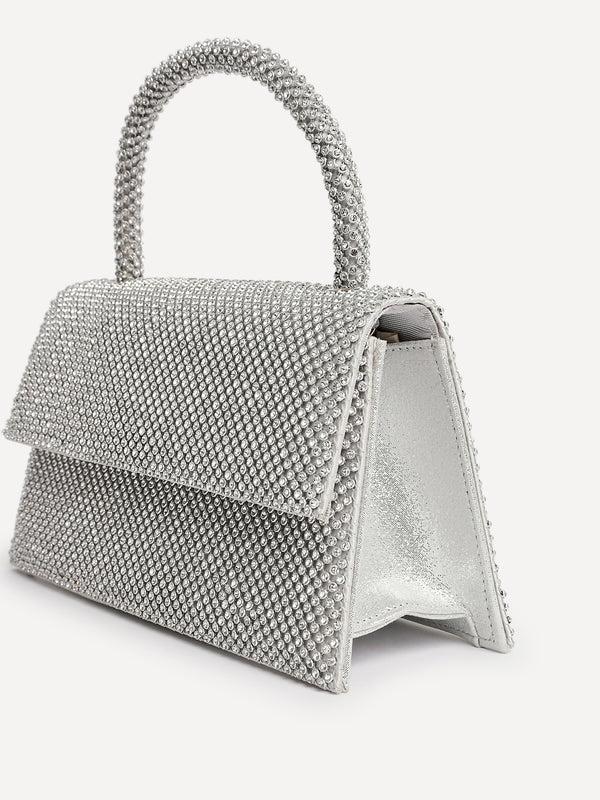Linzi Silver Embellished Clutch Bag With Top Handle