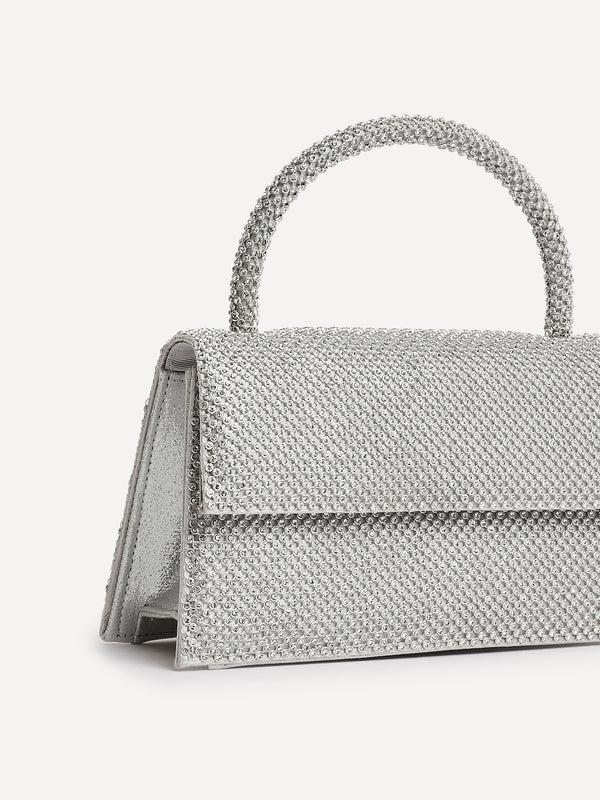 linzi Silver Embellished Clutch Bag With Top Handle