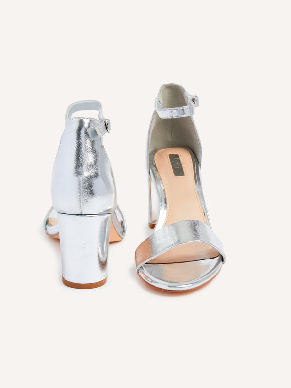 Linzi Silver Faux Leather Barely There Closed Back Block Heeled Sandal