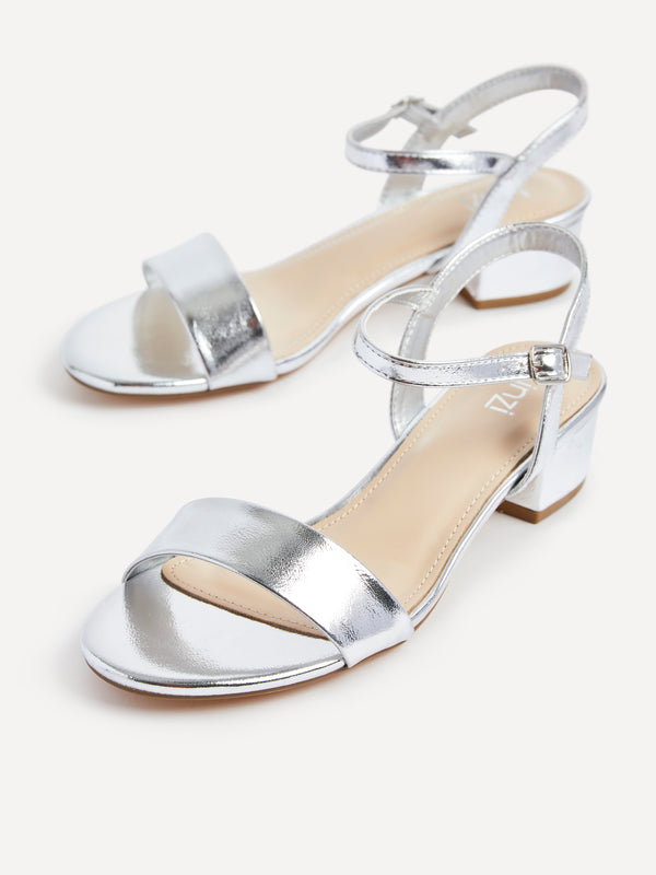 Linzi Silver Faux Leather Barely There Low Block Heeled Sandal
