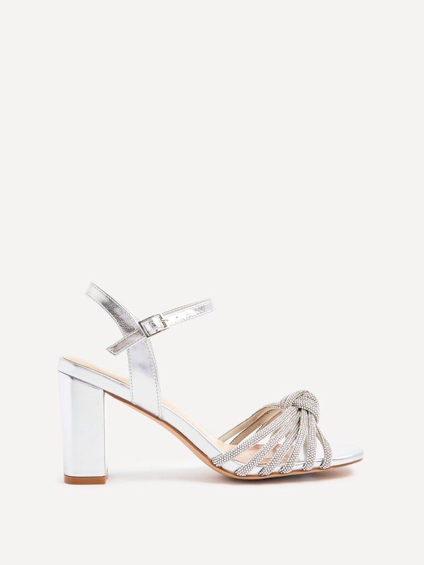Linzi Silver Faux Leather Block Heel With Diamante Knotted Front Strap