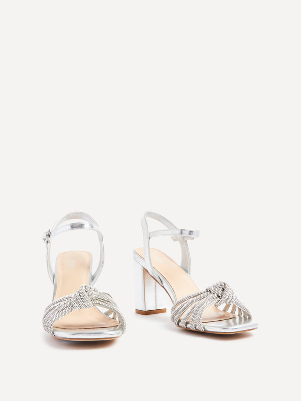 Linzi Silver Faux Leather Block Heel With Diamante Knotted Front Strap
