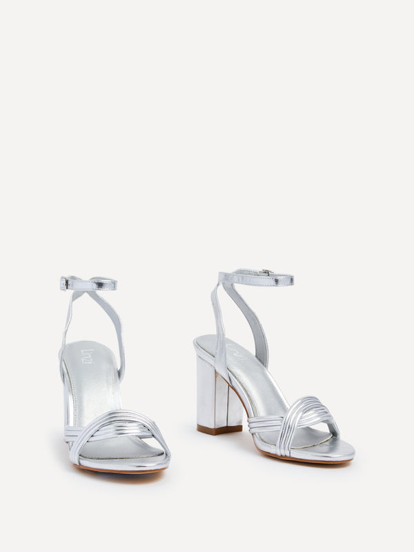 Linzi Silver Faux Leather Block Heeled Sandal With Intertwined Front Straps