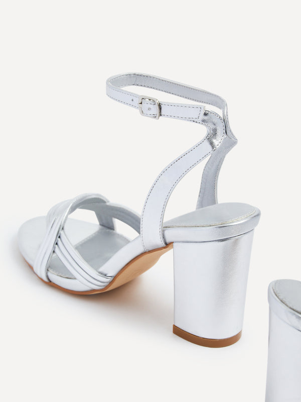 Linzi Silver Faux Leather Block Heeled Sandal With Intertwined Front Straps