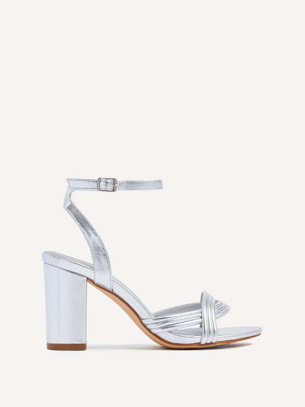 linzi Silver Faux Leather Block Heeled Sandal With Intertwined Front Straps