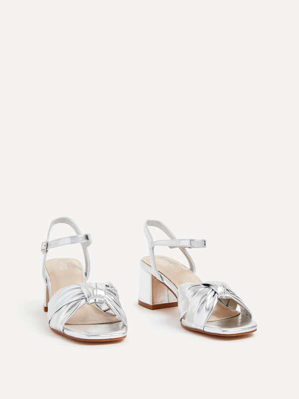 Linzi Silver Faux Leather Block Heeled Sandal With Knotted Front Strap