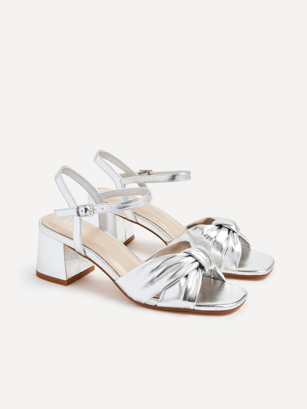 Linzi Silver Faux Leather Block Heeled Sandal With Knotted Front Strap