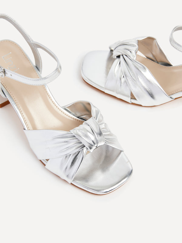 Linzi Silver Faux Leather Block Heeled Sandal With Knotted Front Strap