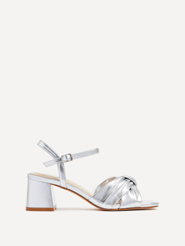 linzi Silver Faux Leather Block Heeled Sandal With Knotted Front Strap